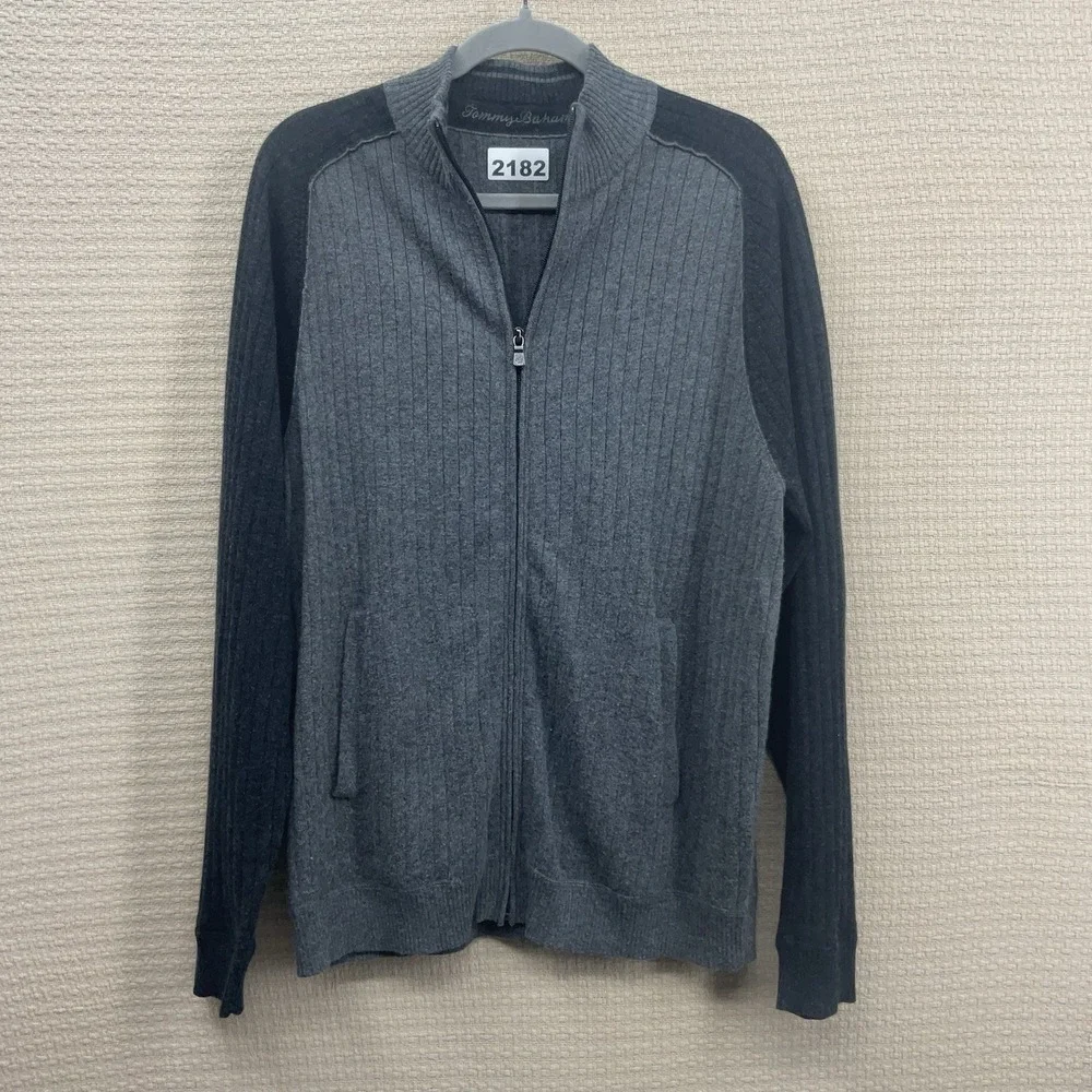 Tommy Bahama Sweater Mens Size M Gray Black Wool Cashmere‎ Blend Ribbed Raglan